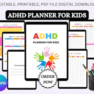 以下が含まれることがあります： カラフルな手のひら模様が施された、印刷可能なADHDプランナーです。このプランナーには、毎日の、毎週の、毎月のルーチン、重要な日付のセクションが含まれています。表紙には「ADHD Planner for Kids」と「Order Now」の文字が見えます。
