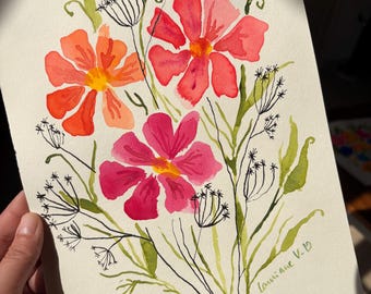 ポピーの水彩画、野原の赤いポピーの花のオリジナルアート、野生の花の