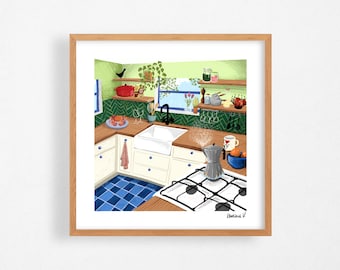 The green kitchen and the Italian coffee maker, high quality print poster of the illustration by Lauriane Vincent on 220gr paper.