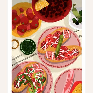 May include: Illustration of a colorful meal featuring plates of food. The image includes plates of tomatoes, olives, and bread topped with tomatoes, onions, and peppers. A slice of lemon is on a plate of dark red food.
