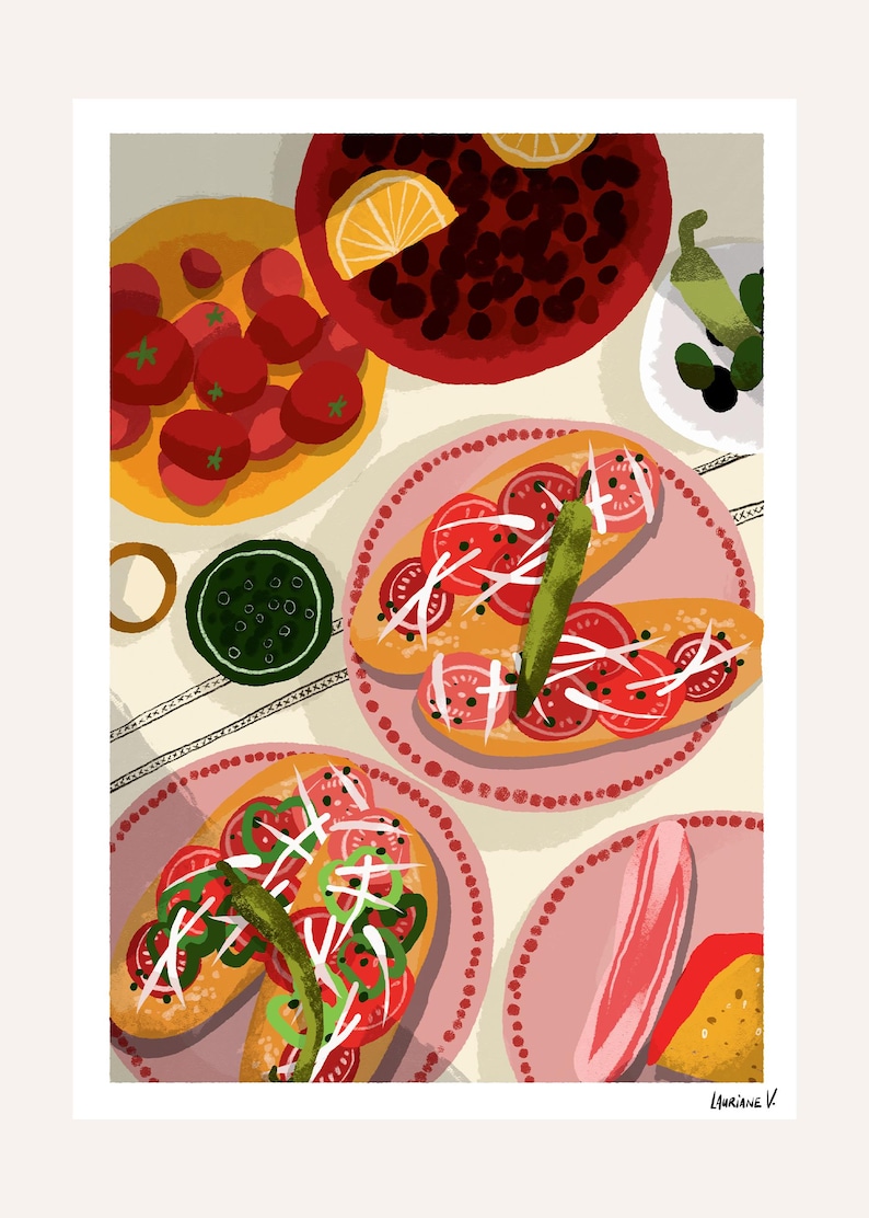 May include: Illustration of a colorful meal featuring plates of food. The image includes plates of tomatoes, olives, and bread topped with tomatoes, onions, and peppers. A slice of lemon is on a plate of dark red food.