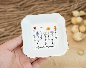 Mom&#39;s Garden Jewelry Dish,Personalized Grandma&#39;s Garden Birth Month Flowers Ring Dish With Grandkids Name,Birthday Gift For Nana Mom