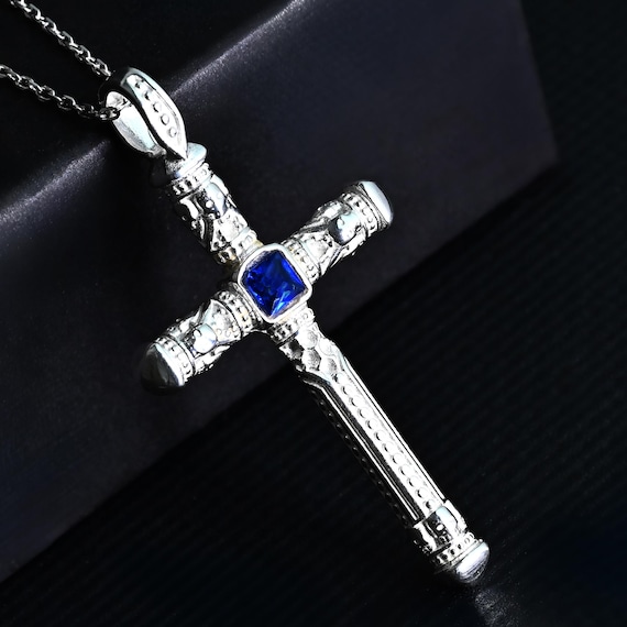 Vintage Sapphire Cross Necklace – 925 Sterling Silver Christian 