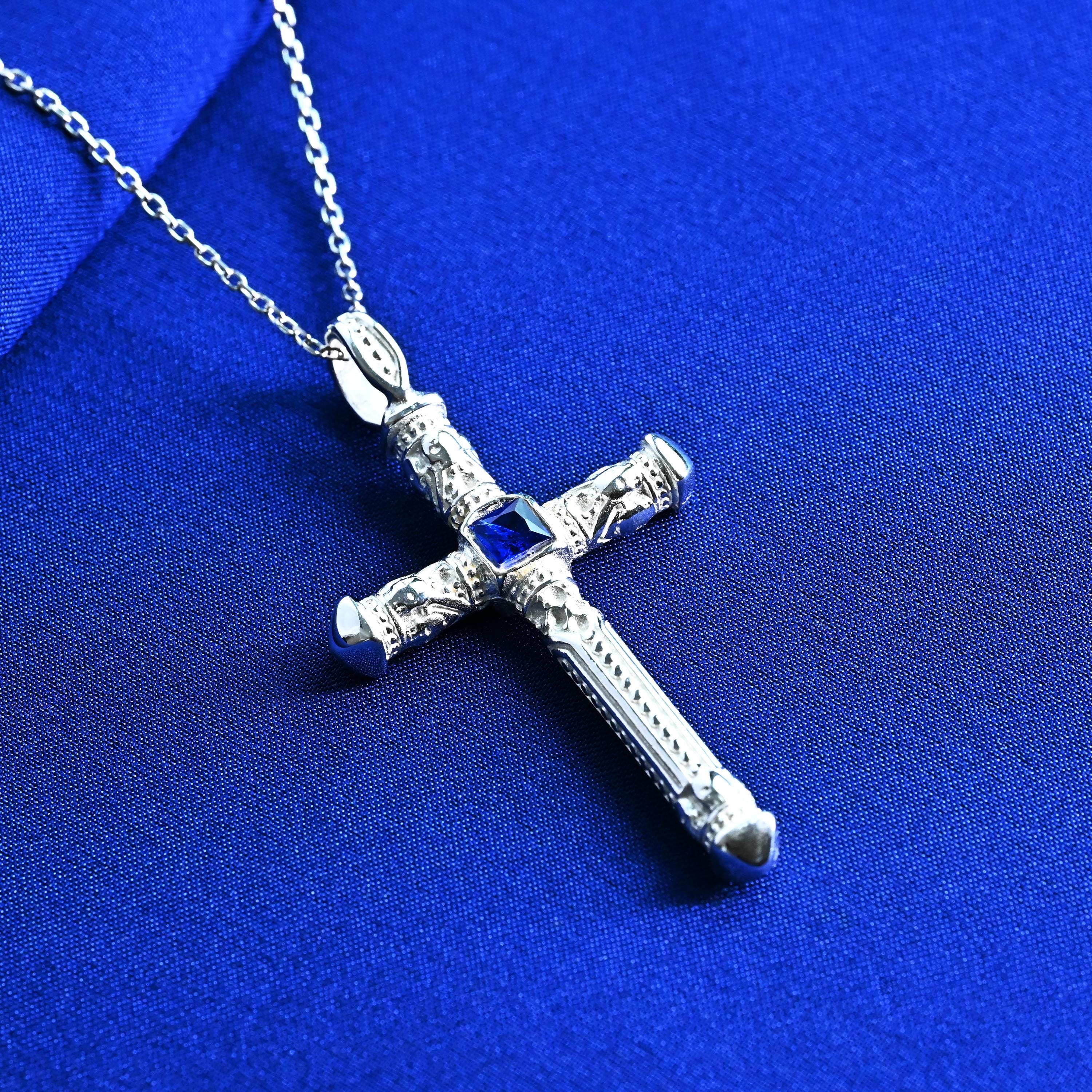 Vintage Sapphire Cross Necklace – 925 Sterling Silver Christian