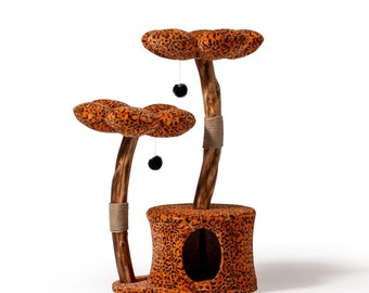 Leopard Floral Cat Tree: Natural Wood Cat Bed & Scratching Post