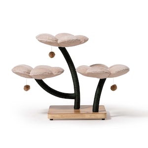 Floral Cat Tree: Natural Wood, Cream Daisy Cat Bed, Scratch Post
