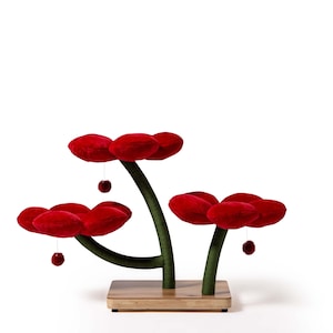 Floral Cat Tree: Natural Wood, Red Daisy Design, Scratch Post for Large Cats