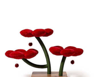 Floral Cat Tree: Natural Wood, Red Daisy Design, Scratch Post for Large Cats