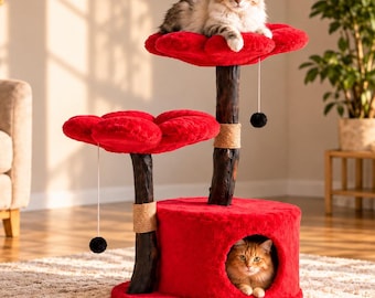 Red Flower Cat Tree, Natural Wood Tower with Hideaway for Large Cats