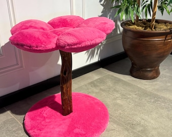 Pink Floral Cat Tree: Natural Wood Cat Bed & Toys for Large Cats