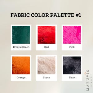 May include: Fabric color palette with six swatches: emerald green, red, pink, orange, stone, and black.