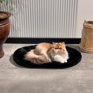 Black wood base cat bed with plush soft fabric, natural wood base, stylish cat furniture, cat house, cat bed for large cats