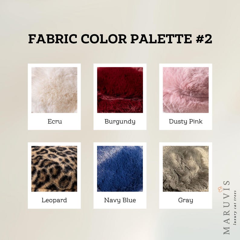 May include: Fabric color palette with six swatches: ecru, burgundy, dusty pink, leopard print, navy blue, and gray.