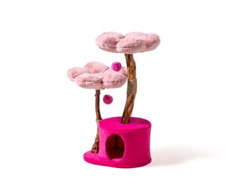 Daisy Floral Cat Tree: Powder Pink Cat House & Scratching Post