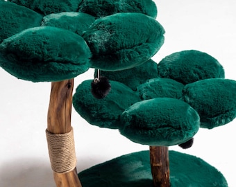 Green Floral Plush Cat Tree: Natural Wood Cat House for Large Cats
