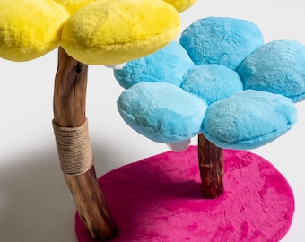 Floral Cat Tree: Plush Flower Cat Bed, Natural Wood Base