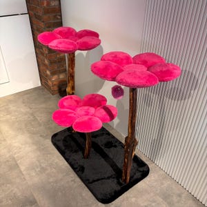 Pink Floral Plush Cat Tree: Natural Wood, Large Cat House