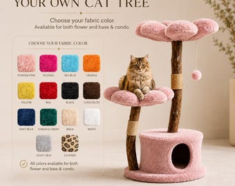 Custom Cat Tree, Flower Cat Tower, Personalized Wooden Condo, Plush Pet Furniture