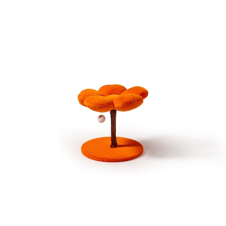 May include: Orange cat tree shaped like a flower with a round base. The tree has a brown trunk and a single orange ball hanging from a branch.