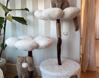 Daisy Floral Cat Tree: Natural Wood Cat Bed & Scratching Post