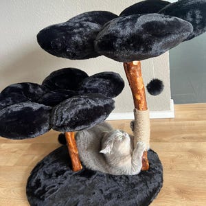 Black Floral Cat Tree: Plush Flower Cat House, Large Cats