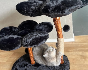 Black Floral Cat Tree: Plush Flower Cat House, Large Cats