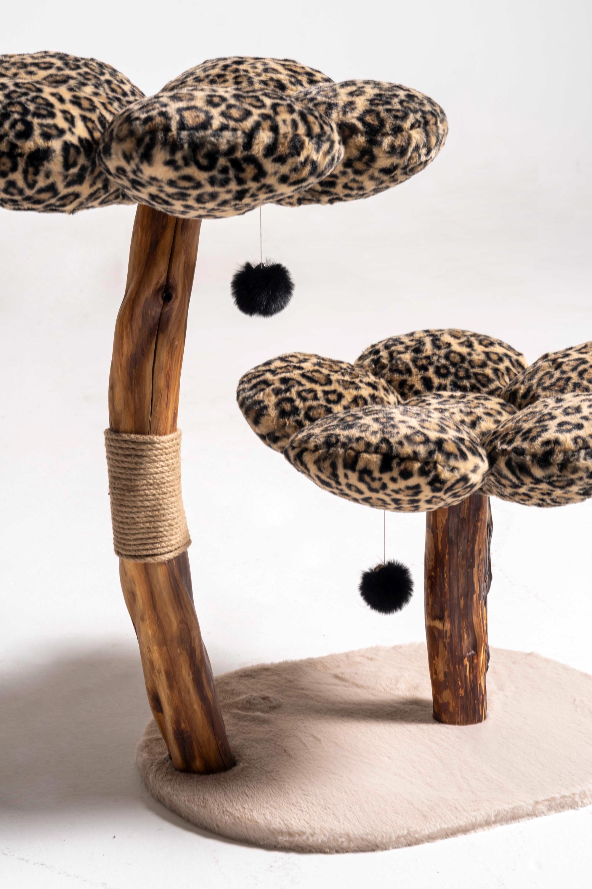Leopard Floral Cat Tree: Plush Pods, Natural Wood, Large Cat Furniture
