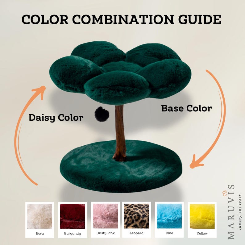 May include: A green cat tree with a round base and a daisy-shaped top. The base and top are covered in plush fabric. The tree has a wooden trunk and a black pom-pom on the top. The image shows a color combination guide with different colors for the base and daisy.
