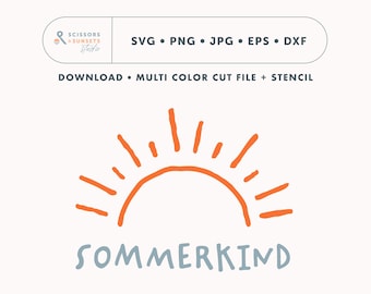 Può includere: Un download digitale di un sole disegnato a mano con raggi, in arancione, con il testo "SOMMERKIND" in azzurro sotto.