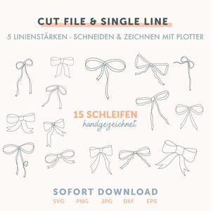 Könnte beinhalten: Ein digitaler Download von 15 handgezeichneten Schleifendesigns im Single-Line-Stil. Der Text "CUT FILE & SINGLE LINE" und "5 LINIENSTÄRKEN - SCHNEIDEN & ZEICHNEN MIT PLOTTER" ist im Bild enthalten. Der Text "15 SCHLEIFEN handgezeichnet" ist ebenfalls im Bild enthalten. Der Text "SOFORT DOWNLOAD" ist im Bild enthalten. Der Text "SVG PNG JPG DXF EPS" ist im Bild enthalten.