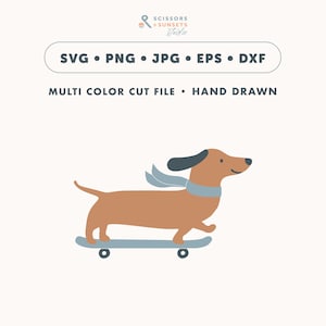 Może przedstawiać: Ilustracja brązowego jamnika z czarnymi uszami i niebieskim szalikiem na jasnoniebieskiej deskorolce. Obraz zawiera tekst "SVG • PNG • JPG • EPS • DXF" i "MULTI COLOR CUT FILE • HAND DRAWN".