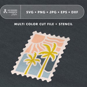 Peut inclure: Un design d'estampe numérique représentant un coucher de soleil stylisé avec des palmiers. Le design est de style vintage avec un schéma de couleurs bleu, rose et jaune. Le design est parfait pour créer des cartes personnalisées, des invitations et d'autres objets d'artisanat en papier.