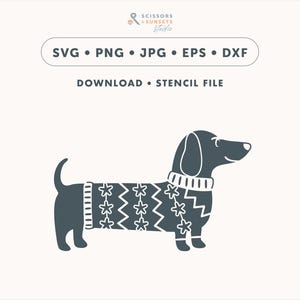 May include: A dark gray dachshund dog illustration wearing a sweater with a star pattern. The image includes text that reads "SVG • PNG • JPG • EPS • DXF" and "DOWNLOAD • STENCIL FILE".