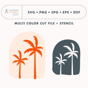 Puede incluir: Dos palmeras con siluetas naranjas sobre un fondo melocotón y dos palmeras con siluetas blancas sobre un fondo gris oscuro. SVG, PNG, JPG, EPS, DXF. Archivo de corte multicolor + plantilla.