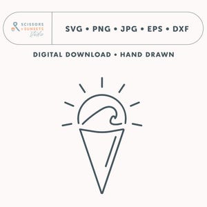 Puede incluir: Ilustración de línea de un cono de helado con un sol y una ola en su interior. El sol tiene rayos que salen de él. La ola es una curva simple. El cono de helado es una forma simple con un fondo puntiagudo.