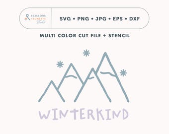 Vinterbarn SVG plotterfil | Screentrycksstencil, barns skärfil | Tysk plottermall, berg och snö för Cricut, skärmaskin