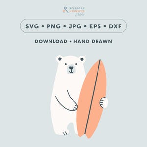 May include: A cartoon illustration of a polar bear holding a peach-colored surfboard. The image includes the text "SVG • PNG • JPG • EPS • DXF" and "DOWNLOAD • HAND DRAWN" on a light blue background.