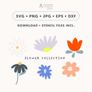 Op de afbeelding: Een verzameling van zes kleurrijke, gestileerde bloemillustraties in verschillende vormen en kleuren, waaronder wit, paars, oranje, blauw en perzik. De afbeelding bevat de tekst "FLOWER COLLECTION" en bestandstype-opties: SVG, PNG, JPG, EPS en DXF.