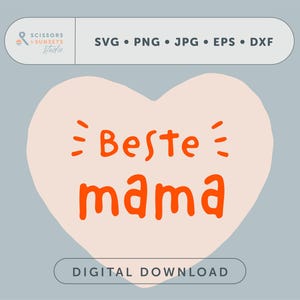 Könnte beinhalten: Eine rosa herzförmige Grafik mit dem Text "Beste mama" in Orange. Die Grafik befindet sich auf einem hellblauen Hintergrund mit dem Text "DIGITALER DOWNLOAD" unter dem Herzen.