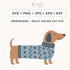May include: A cartoon illustration of a dachshund wearing a blue sweater with white star and zig-zag patterns. The image includes text that reads "SVG • PNG • JPG • EPS • DXF" and "DOWNLOAD • MULTI COLOR CUT FILE".