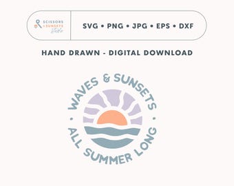 Plotter file Waves & Sunsets Badge SVG | Cutting file waves sun sea | Plotter template surf style - Cricut, Silhouette cutting machine
