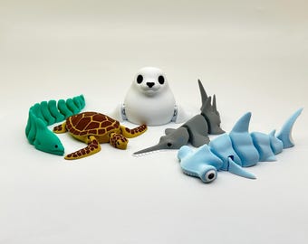 3D Printed Articulated Sea Animal Toy Set: Fidget Critters