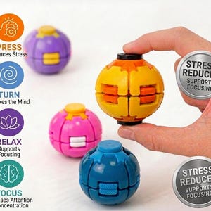 May include: Four spherical fidget toys in purple, yellow, pink, and blue, each featuring small buttons and rotating sections. Text on the left lists functions: PRESS Reduces Stress, TURN Relaxes the Mind, RELAX Supports Focusing, FOCUS Increases Attention.
