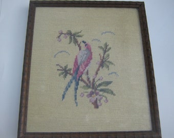 Vintage Picture 40's Bird  Wool Needlepoint in Wood Bamboo Style Carved Frame