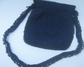 Vintage Beaded Purse Handbag Navy Blue Beads Delill Korea