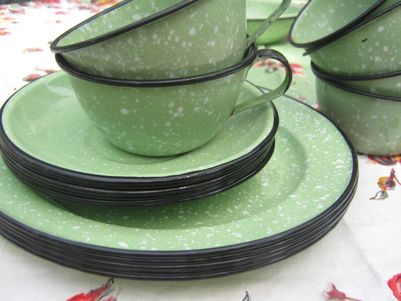 Vintage Graniteware Plates Cups Green White Enamelware Etsy