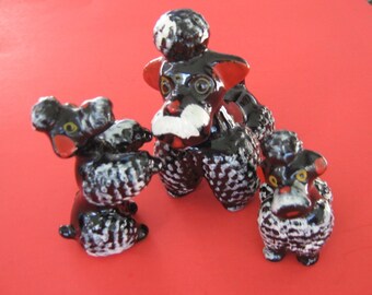 Vintage Poodles Black Ceramic Redware Set of 3 Figurines