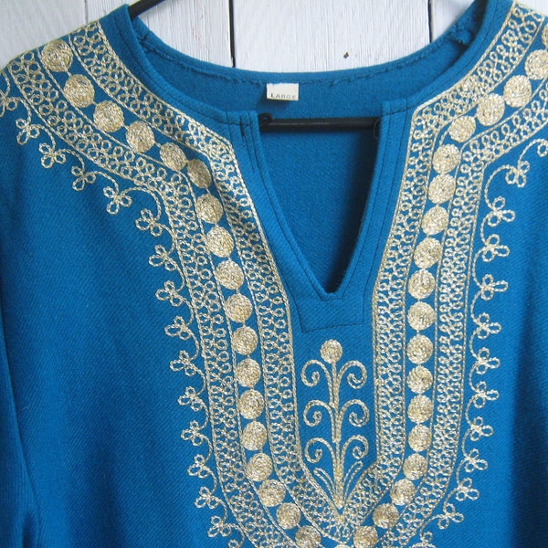 Vintage Caftan Silver Embroidered Teal Blue