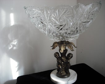 Vintage Compote Hollywood Regency  Marble Cut Glass