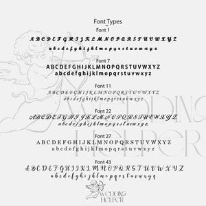 May include: A light gray graphic featuring font samples labeled "Font Types" with examples of uppercase and lowercase letters. A decorative cupid with a bow and arrow is in the upper left corner. The text "WEDDING HELPER" is also present.